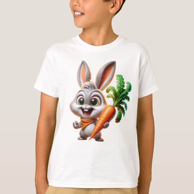 Niedlicher Hase mit Karotte Glückliche Kunst T-Shirt (Vorderseite)