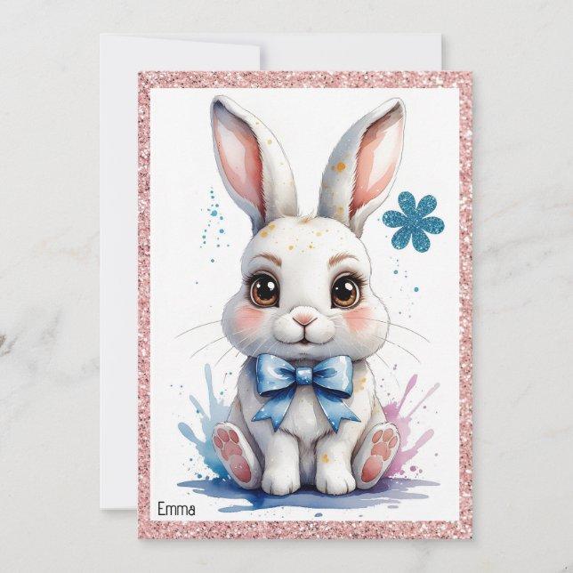Niedlicher Hase mit rosa Buggeburt Einladung (Vorderseite)