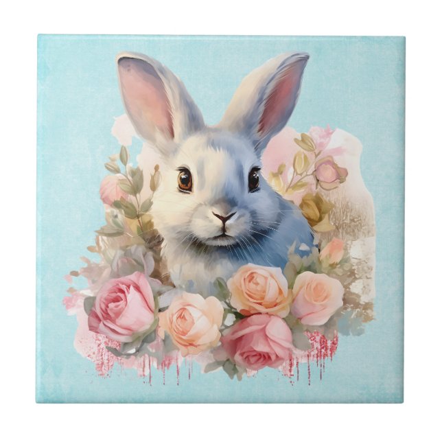 Niedlicher Hase mit Rosengirlande Fliese (Vorderseite)