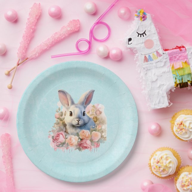 Niedlicher Hase mit Rosengirlande Pappteller (Party)