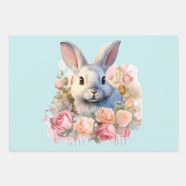 Niedlicher Hase mit Rosenkranz Geschenkpapier Set (Vorderseite)