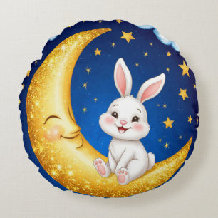 Niedlicher Hase sitzt auf einem goldenen Halbmond Rundes Kissen