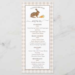 Niedlicher Hase und Karotten Beige Gingham Ostern Menükarte