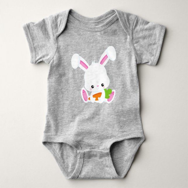 Niedlicher Hase, Weißer Hase, Little Bunny, Karott Baby Strampler (Vorderseite)
