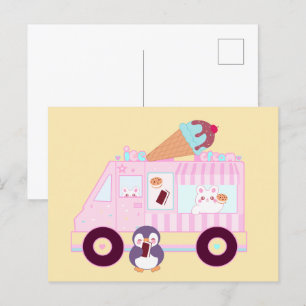 Niedlicher Hasen-Eis-Lkw, blau und rosa Postkarte