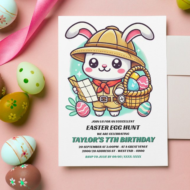 Niedlicher Hasen-Explorer Ostereier Jagd Geburtsta Einladung (Invite friends and family to an eggcellent Birthday Easter egg hunt with this adorable invitation.)