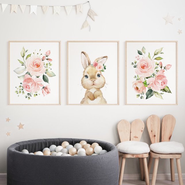 Niedlicher Hasen, Kaninchen, rosa Blume, Girl-Kind Bilderwand Sets (Von Creator hochgeladen)