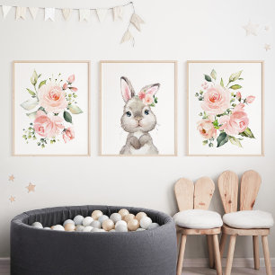 Niedlicher Hasen, Kaninchen, rosa Blume, Girl-Kind Bilderwand Sets