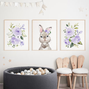 Niedlicher Hasen, Kaninchen, violette Blumen, gesc Bilderwand Sets