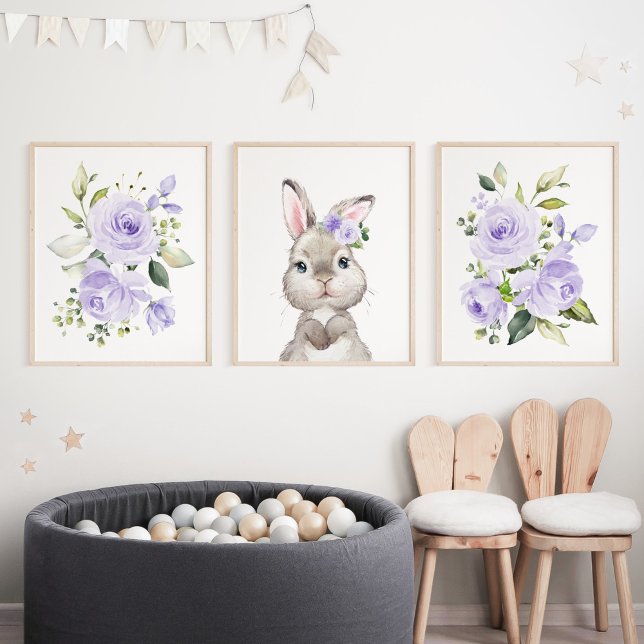 Niedlicher Hasen, Kaninchen, violette Blumen, gesc Bilderwand Sets (Von Creator hochgeladen)