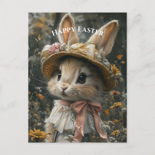 Niedlicher Hasen-Strohhut mit Blumen und Spitze Postkarte