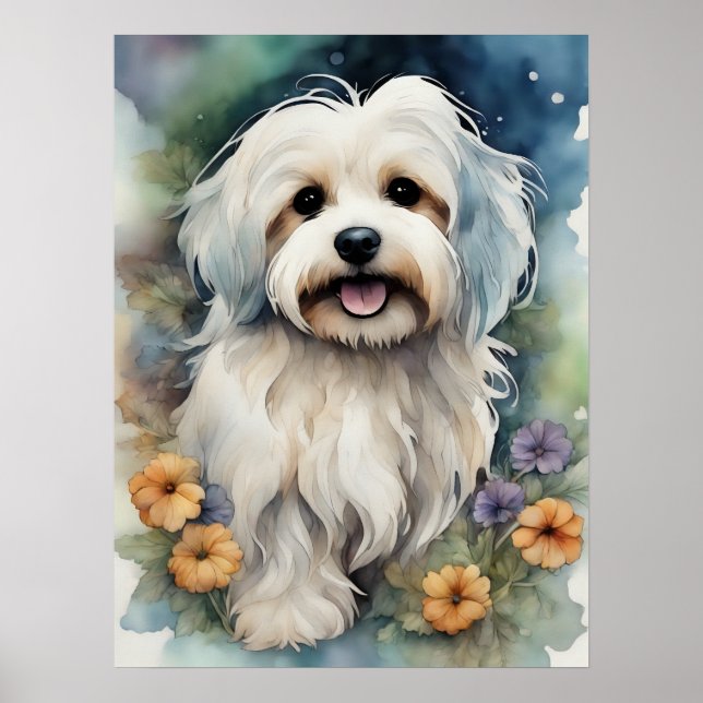 Niedlicher Havanese Hund in Wasserfarbe Poster (Vorne)