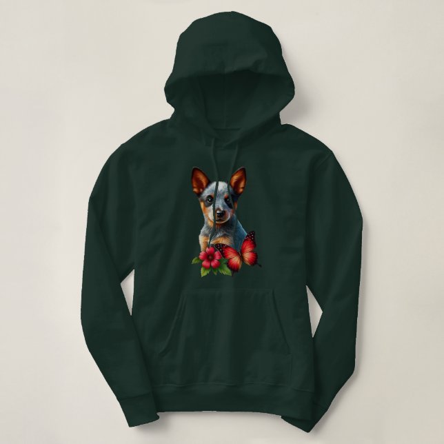 Niedlicher Heeler Welpe mit Schmetterling und Blum Hoodie (Design vorne)