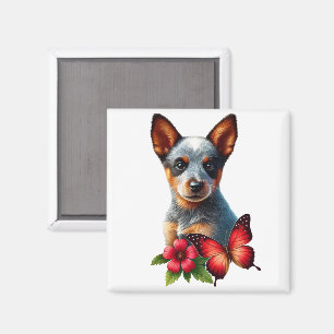 Niedlicher Heeler Welpe mit Schmetterling und Blum Magnet