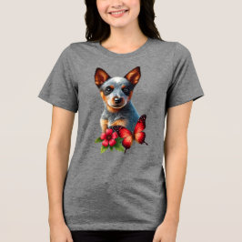 Niedlicher Heeler Welpe mit Schmetterling und Blum Tri-Blend Shirt