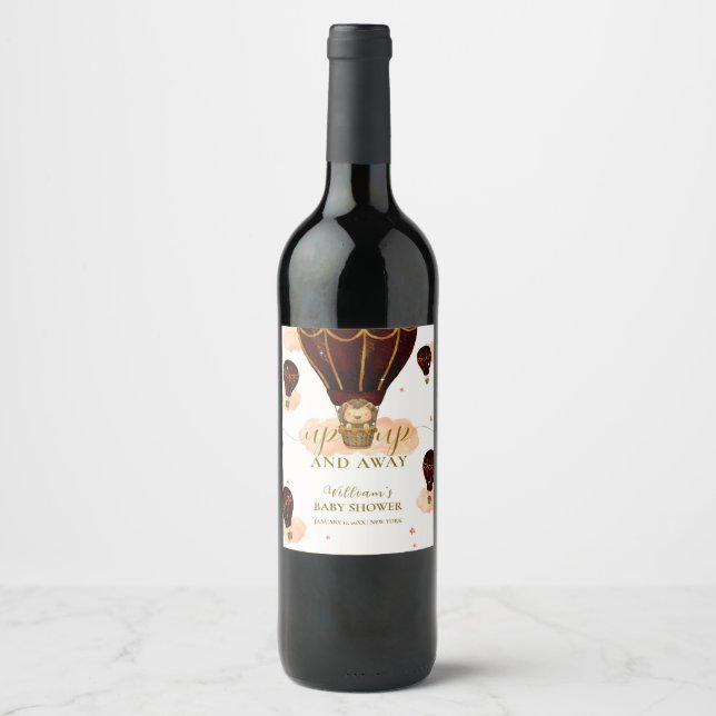 Niedlicher Heißluftballon Jungle Lion Boy Babydusc Weinetikett (Vorderseite)