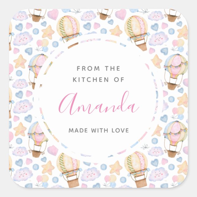 Niedlicher Heißluftballon Wasserfarben Muster Küch Quadratischer Aufkleber (Vorderseite)