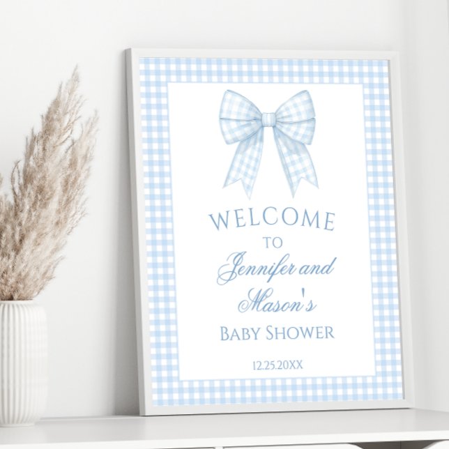 Niedlicher, hellblauer Gingham Bugband Babydusche Poster (Von Creator hochgeladen)