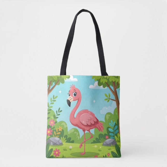 Niedlicher, hellrosa Flamingo im Garten (Vorderseite)