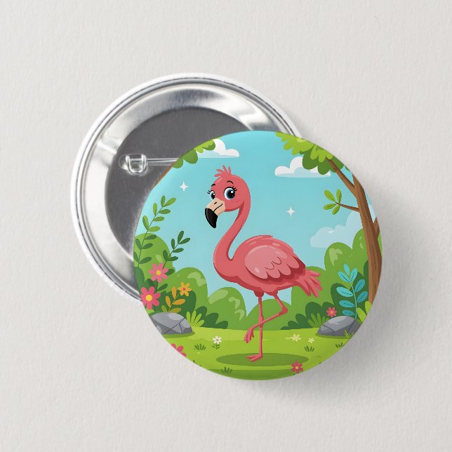 Niedlicher, hellrosa Flamingo im Garten Button (Vorne & Hinten)