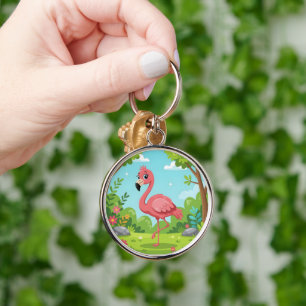 Niedlicher, hellrosa Flamingo im Garten Schlüsselanhänger