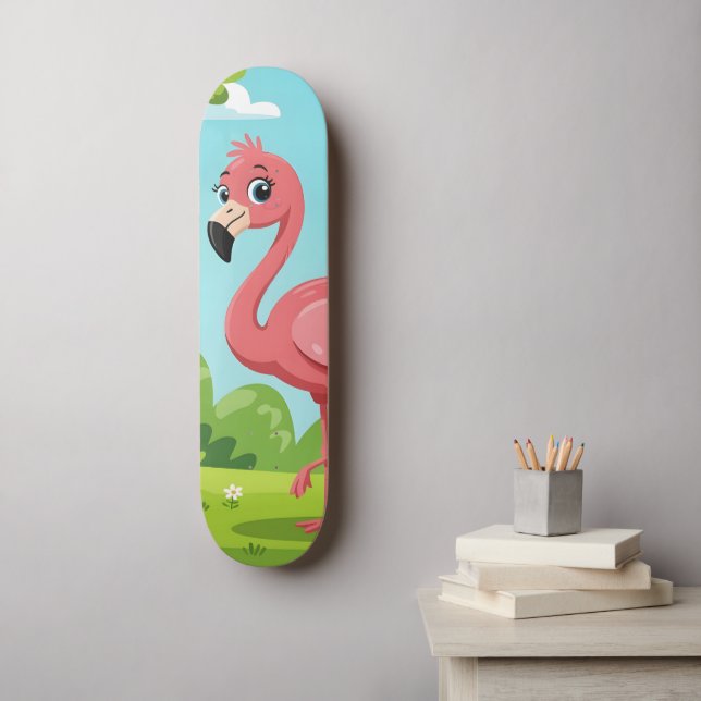 Niedlicher, hellrosa Flamingo im Garten Skateboard (Wandkunst)