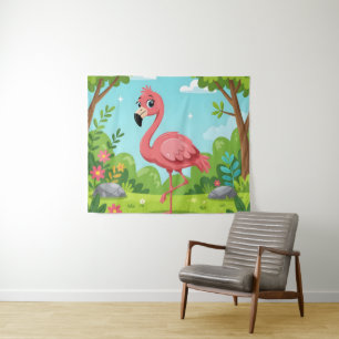 Niedlicher, hellrosa Flamingo im Garten Wandteppich