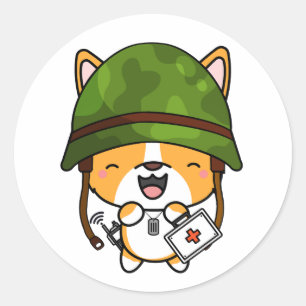 Niedlicher Helm der Corgi-Hunde mit Armeehelm Runder Aufkleber