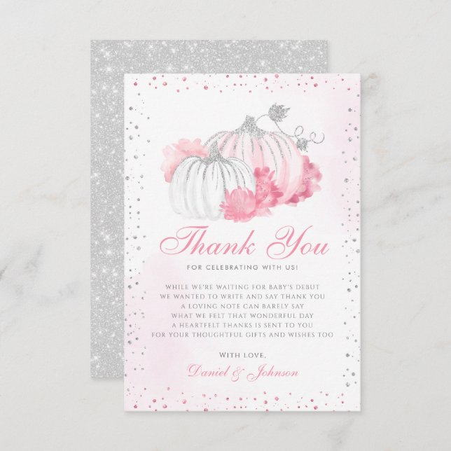 Niedlicher Herbst Pink Pumpkin Fall Floral Baby Du Dankeskarte (Vorne/Hinten)