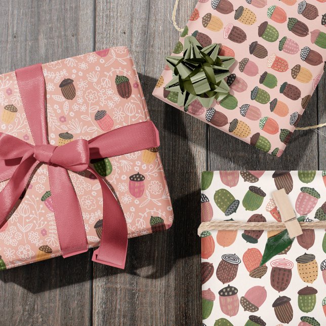 Niedlicher Herbst Rosa Herbstkorn Geschenkpapier Set (Cute pink Acorn fall all-over print Wrapping Paper Sheets)