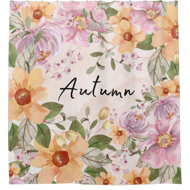 Niedlicher Herbstblütentext Eleganter rosa Hinterg Duschvorhang (Vorderseite)