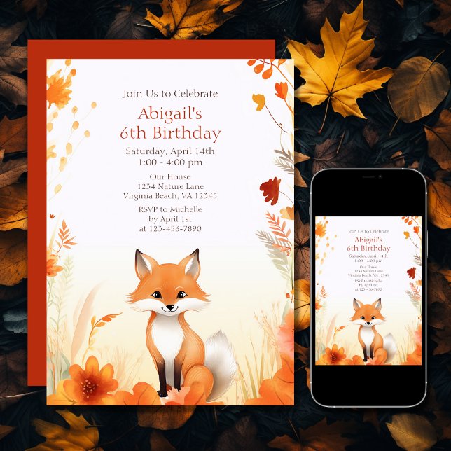 Niedlicher Herbstfox Herbst Geburtstag Einladung (Printed and Digital - Cute Autumn Woodland Fox Fall Birthday Invitation)