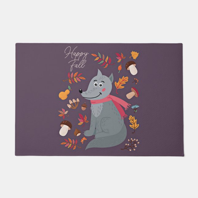 Niedlicher Herbstwolf mit benutzerdefiniertem Text Fußmatte (Vorderseite)