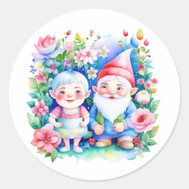 Niedlicher Herr und Frau Garden Gnomes mit Blume Runder Aufkleber (Vorderseite)