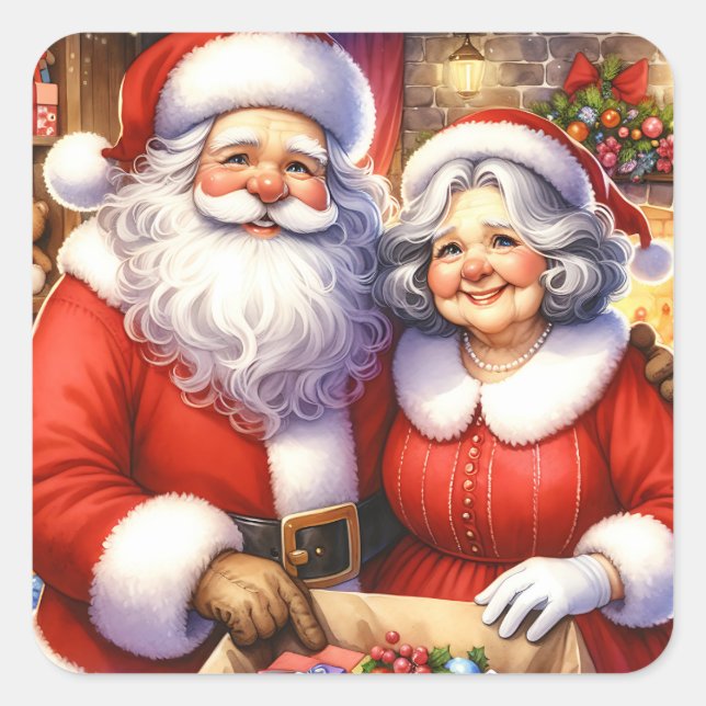 Niedlicher Herr und Frau Santa Claus Personalisier Quadratischer Aufkleber (Vorderseite)