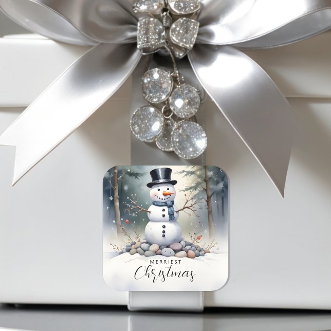 Niedlicher herrlicher Snowman Mattierter Landschaf Quadratischer Aufkleber (Cute Gorgeous Snowman Frosted Landscape Forest Christmas Square Stickers. )