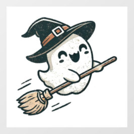 Niedlicher HexenGeist, der auf einem Besen fliegt Fensteraufkleber