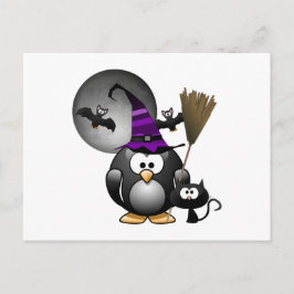 Niedlicher Hexenpinguin mit Halloween-Szene Postkarte