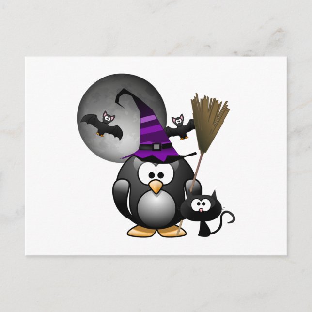 Niedlicher Hexenpinguin mit Halloween-Szene Postkarte (Vorderseite)