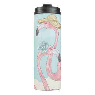 Niedlicher Hintergrund mit Flamingos. Sommerlicher Thermosbecher