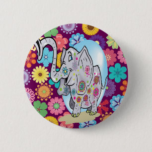 Niedlicher Hippie-Elefant mit bunten Blumen Button