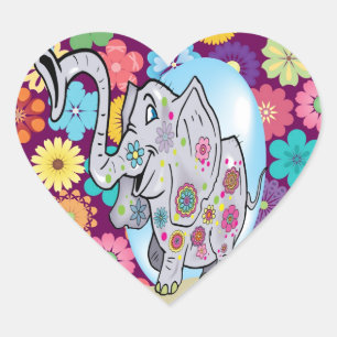 Niedlicher Hippie Elephant mit bunten Blume Herz-Aufkleber