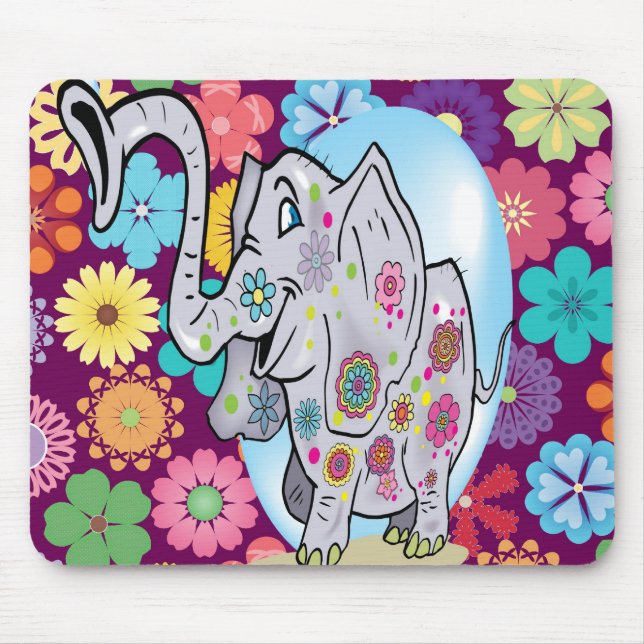 Niedlicher Hippie Elephant mit bunten Blume Mousepad (Vorne)