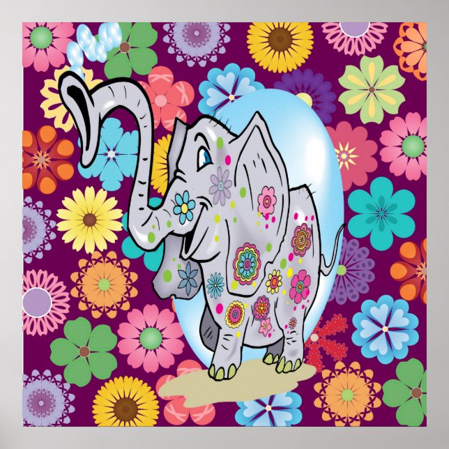 Niedlicher Hippie Elephant mit bunten Blume Poster