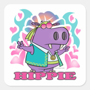 niedlicher Hippie-Hippie-Hippie-Cartoon mit Text Quadratischer Aufkleber