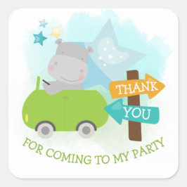 Niedlicher Hippo Car Danke, Boy Birthday Quadratischer Aufkleber