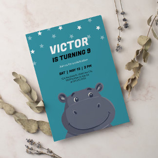 Niedlicher Hippo Cartoon TierSafari Kindergeburtst Einladung