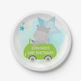 Niedlicher Hippo Green Car Name Boy Birthday White Pappteller