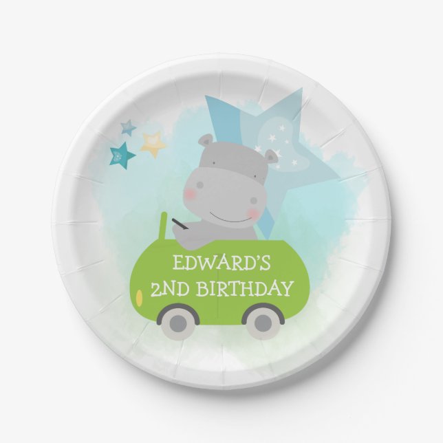 Niedlicher Hippo Green Car Name Boy Birthday White Pappteller (Vorderseite)