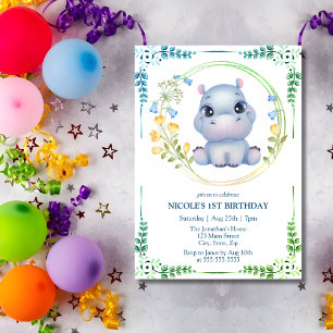 Niedlicher Hippopotamus Blume Kranz 1. Geburtstag Einladung